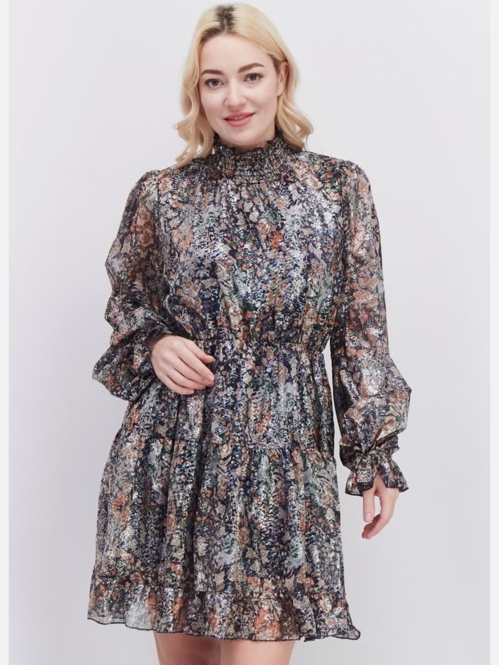 Anthropologie OPT Floral Metallic Long-Sleeve Ruffle Dress - Black Multi